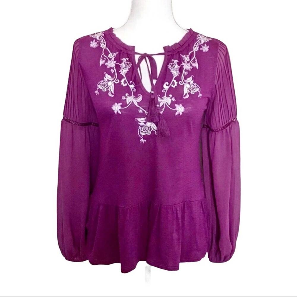 WHBM Purple & White Boho Blouse Peasant Embroidered Bohemian Top
